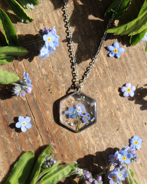 Collier Hexagonale bouquet Myosotis